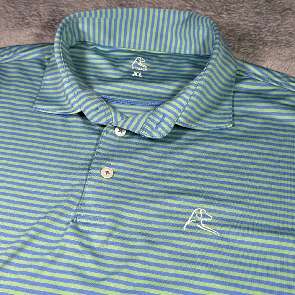 Rhoback Mens XL Performance Golf Polo Shirt Blue Green Striped Short Sleeve